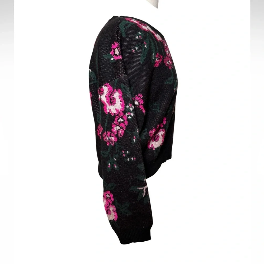 Maeve by Anthropologie Black with Pink Floral Knit Sweater-Size M